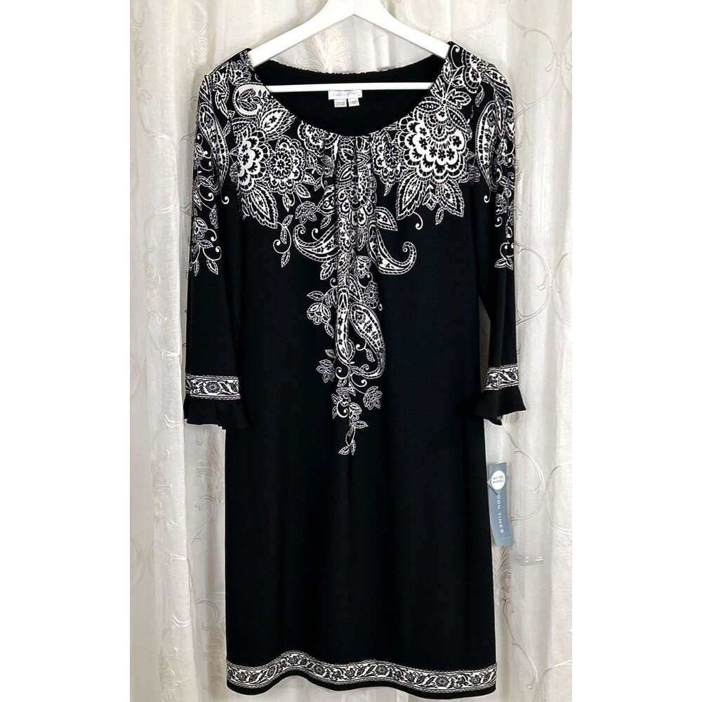 NWT London Times Womens 10 Black White Paisley Matte Jersey Shift Dress LT6245M